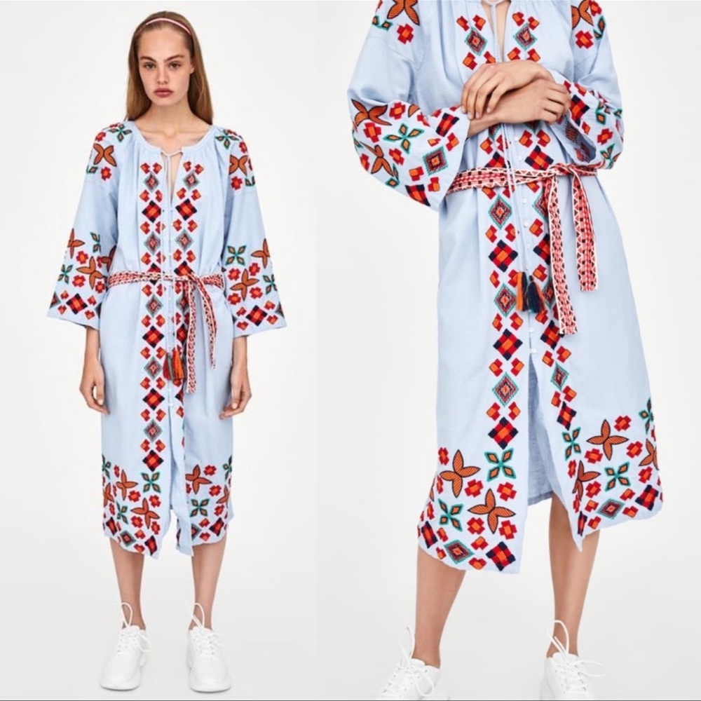Zara Blue Embroidered Southwestern Midi Dress